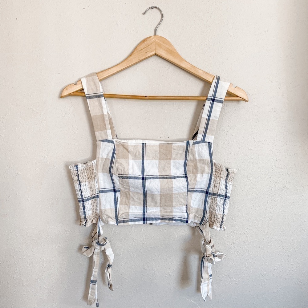 J.O.A.‎ Wide Strap Plaid Crop Top with Side Smocking & Ties